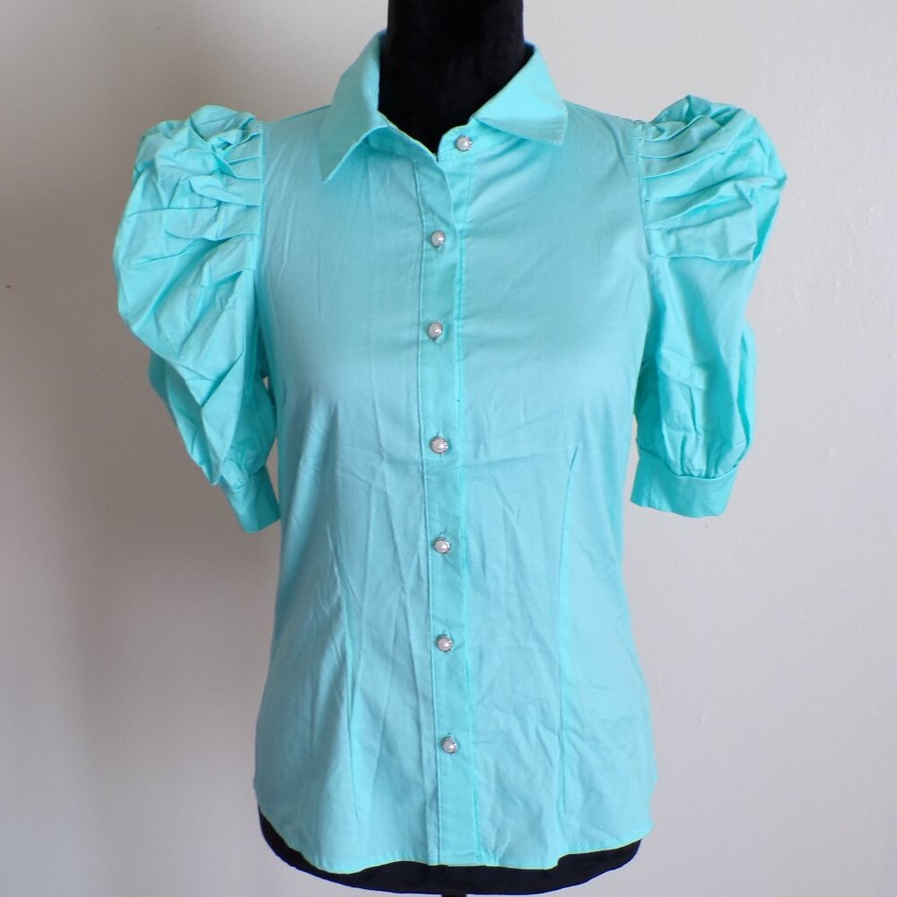 Mint Green Puff Sleeve Button Front Blouse – Short Sleeve Collared Top